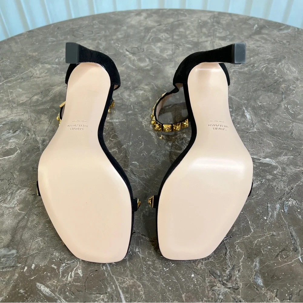 NEW Stuart Weitzman The Rosist Black Suede and Gold Studded Sandal Heels